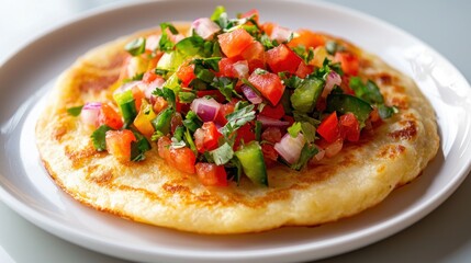 Fresh Flatbread Topped with Colorful Chopped Vegetable Salsa on White Plate Close Up Food Photography