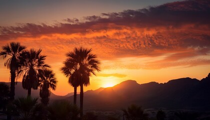 Fototapeta premium majestic sunset behind silhouetted palm trees against fiery sky with mountain landscape