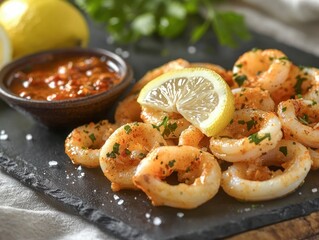 Delicious calamari rings with lemon wedge and spicy sauce on dark slate plate in studio shot