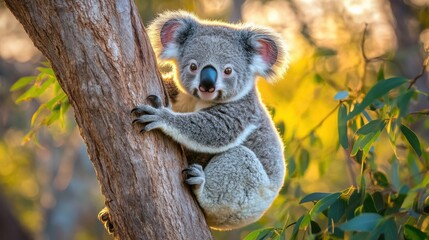 Fototapeta premium Cute Koala Climbing Tree in Natural Habitat with Soft Lighting