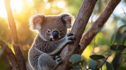 Fototapeta premium Cute Koala Climbing Tree with Soft Fur and Adorable Expression