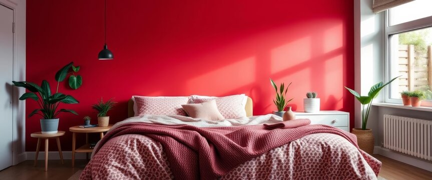 Cozy red accent wall bedroom, plush patterned bedding, potted plants, peaceful, patterned bedding
