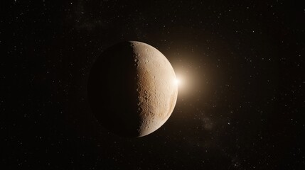 A planet with a rocky surface and a bright light source.