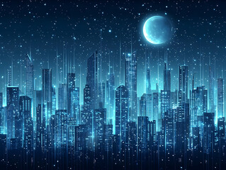 Fototapeta premium Futuristic city skyline at night, digital data streams, moon