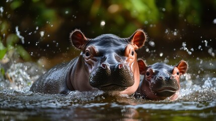 Hippopotamus Mothers and Calf in Water,  Jungle Background. Possible Use Wildlife Stock Photo