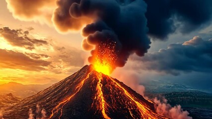 Active volcano eruption at sunset showcasing lava flow and ash clouds in a dramatic display of nature's power - Powered by Adobe
