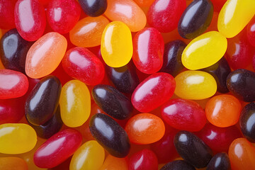 an assortment of jelly beans in bright, fruity colors, a macro and full-frame texture shot, a close-up texture