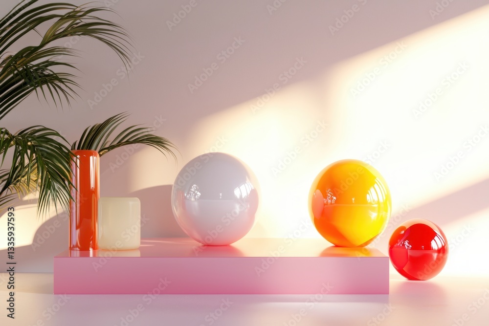 Aufkleber geometric composition of spheres cylinders and palm leaf on pink background in studio light