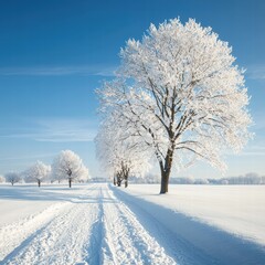 Obraz premium Isolated tree in a snowy landscape surrounded by a blanket of snow creating a peaceful winter scene