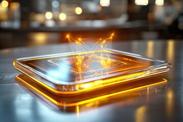 Abstract digital nexus hovering above sleek crystal cube on reflective surface in studio light