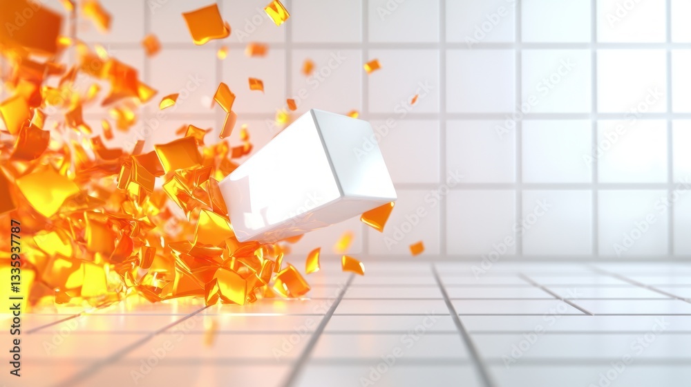 Aufkleber Energetic Cascade of Golden Shards Surrounding a Central White Cube on a Luminous Tiled Surface Abstract Rendering