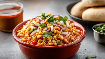 Fototapeta premium Flavorful bean salad in red bowl featuring onions and cilantro fresh culinary delight table setting