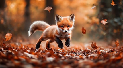Obraz premium Playful fox cub running through autumn leaves in a forest setting