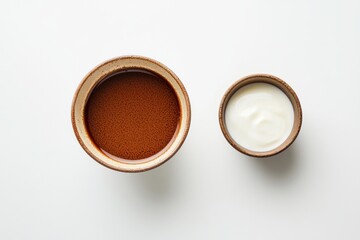 Two bowls on light surface showcasing delicious dark brown liquid and creamy white yogurt in natural light