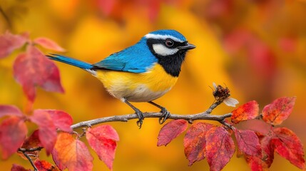 Fototapeta premium Colorful Blue Bird Perched on Autumn Branch with Vibrant Leaves