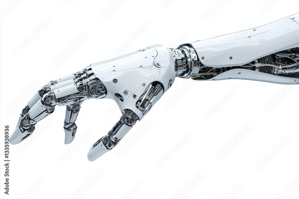 Poster Robotic arm futuristic mechanical design technological advancement automation chrome precision detail studio shot science isolated clean