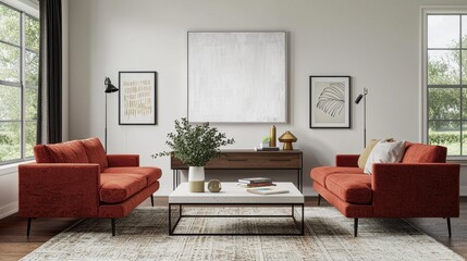 Cozy Living Room with Orange Sofa and Modern Decor Elements