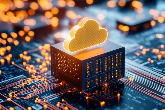 Modern cloud computing concept vibrant orange cloud icon on server hardware abstract tech background