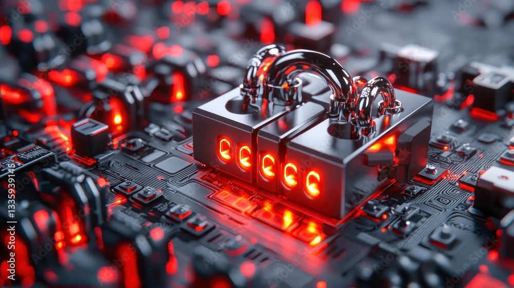 Poster Futuristic cyber padlock securing data on motherboard in dark setting with vibrant red light glow security