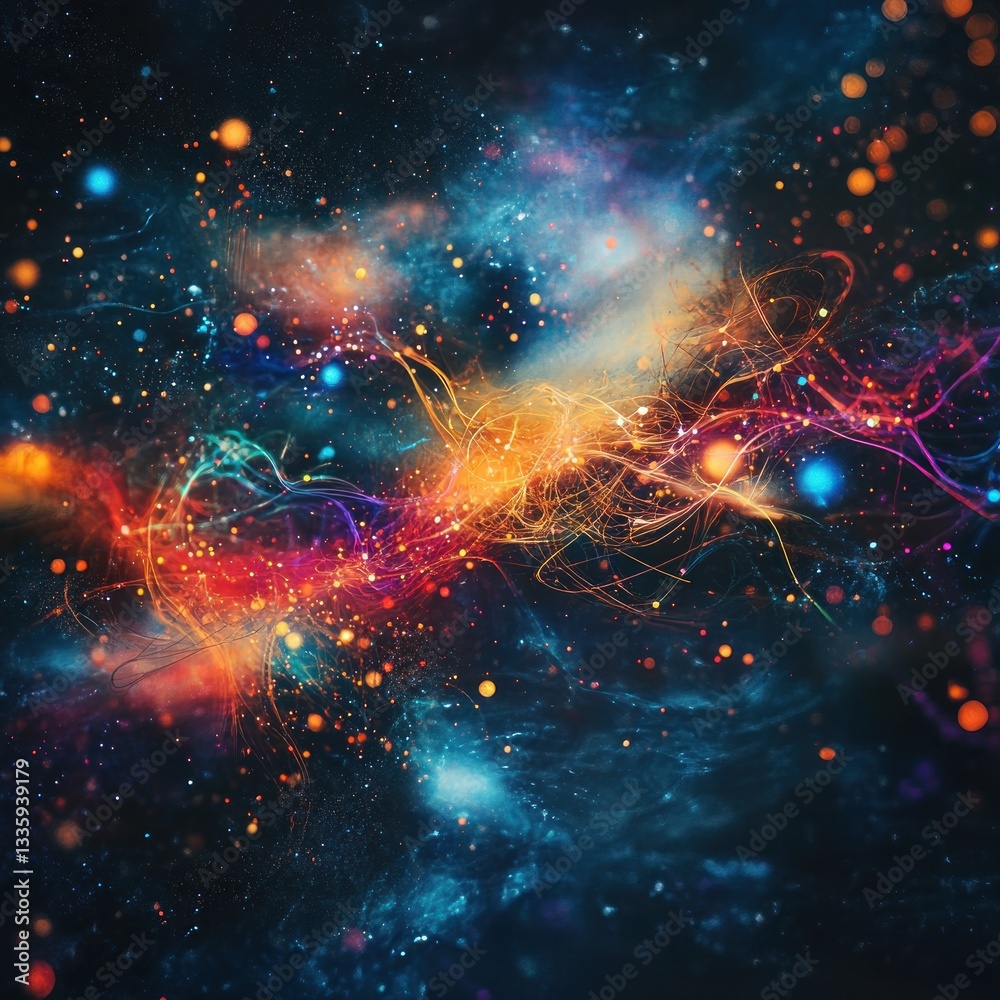 Poster abstract galactic symphony energetic cosmic flow with dazzling light flares in deep space radiance