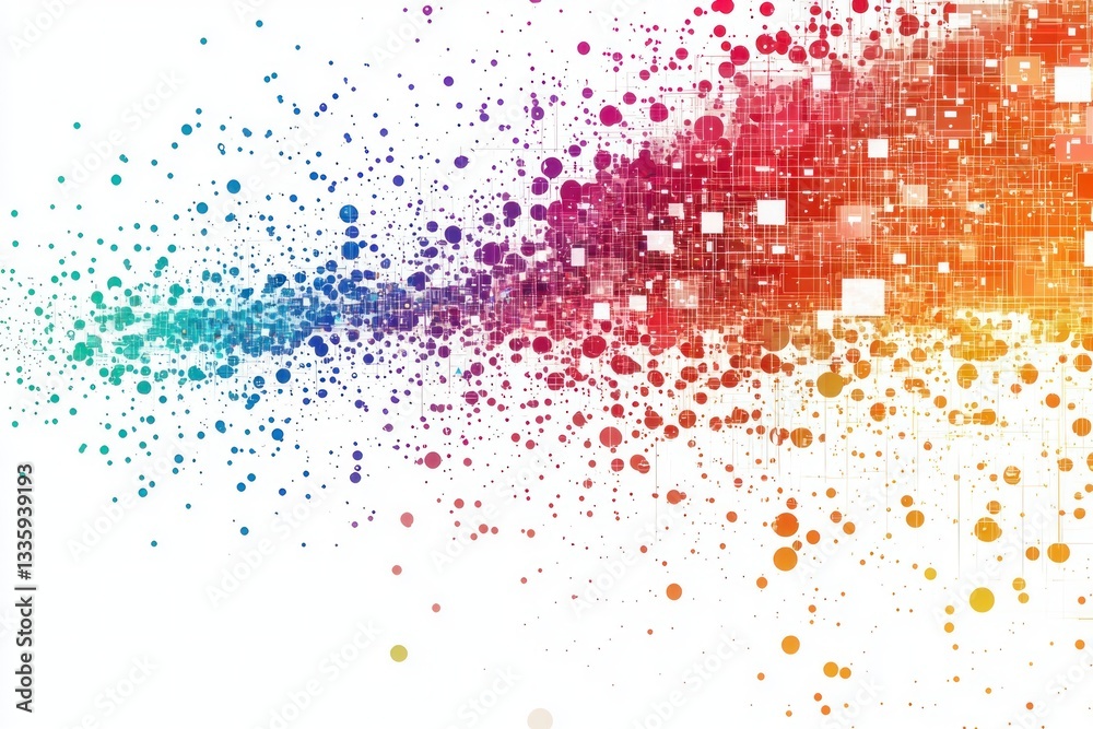 Poster Dynamic gradient digital composition with splash effect dots and squares against white background