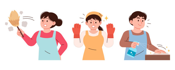 People cleaning, wearing rubber gloves, dusting, and wiping with disinfectant.
