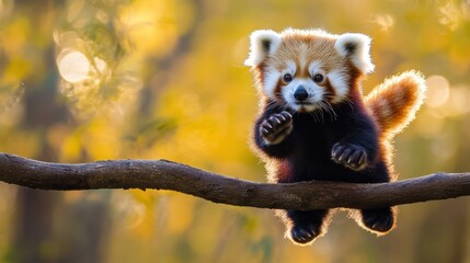 Obraz premium Playful Red Panda Climbing on a Branch in a Forest Setting