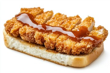 Delicious katsu sandwich on a plain background featuring rich texture and warm color tones with glossy glaze appetizing