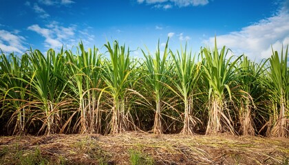 field of sugarcane is shown with a blue sky in the background