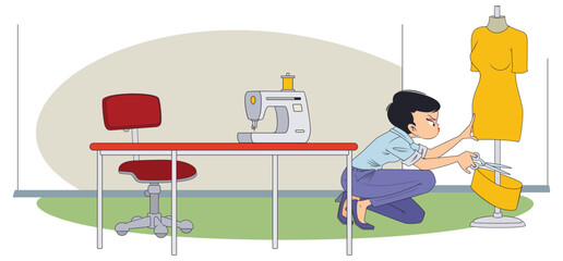 Girl fashion designer is engaged in making clothes.