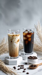 two tall, clear glass tumblers filled with iced coffee, placed on white hexagonal coasters.