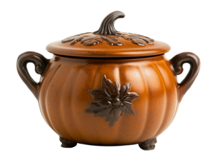 A decorative ceramic jar shaped like a pumpkin with lid and handles, autumnal and rustic style, brown glaze. Isolated on transparent background, png.