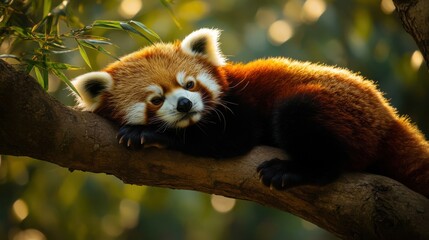 Obraz premium Relaxed Red Panda Resting on Branch in Natural Habitat