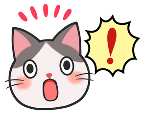 猫　素材　単品　ハチワレ猫　キャラ　驚く　びっくり　ひらめき　気付く　ほのぼの　コミカル　ゆるキャラ　表情　挿絵　デフォルメ　シンプル　surprised cat,excitement ,black and white cat,kitty,kitten
