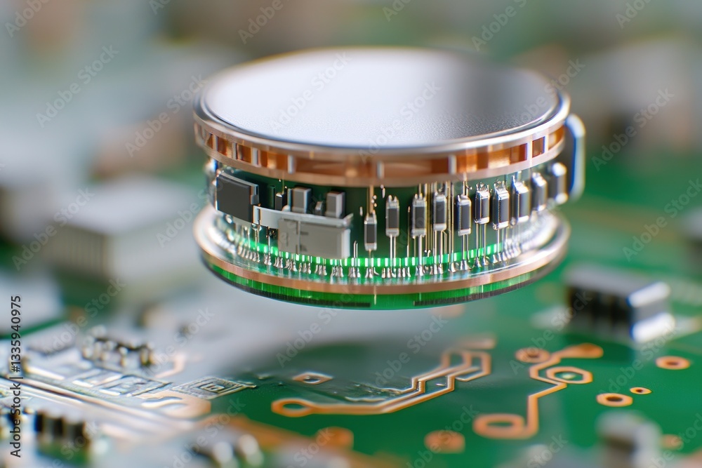 Leinwandbilder Close up view of a futuristic microchip component on a printed circuit board with elegant metallic parts