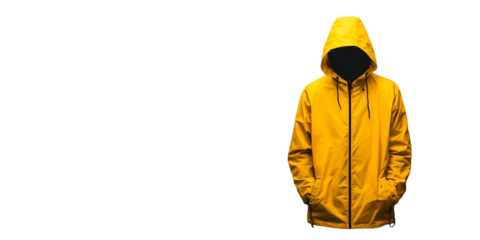 Person wearing a bright yellow hooded rain jacket, creating a stark contrast and a mysterious atmosphere. Isolated, transparent background, png.