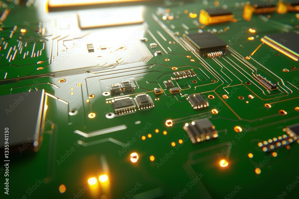 Poster detailed green circuit board high tech close up microchip electronic system modern technology