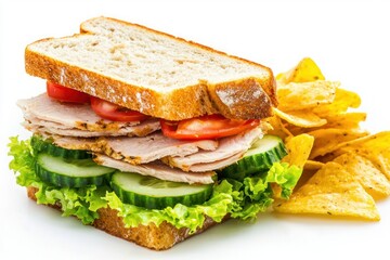 Mouthwatering turkey sandwich with fresh vegetables and crispy chips on a clean white backdrop
