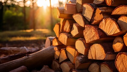 golden hour woodpile a textured stack of firewood basking in warm sunlight