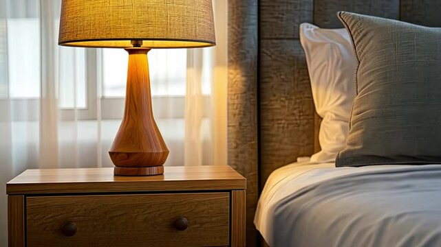 Stylish wooden bedside table and lamp create cozy atmosphere in modern bedroom, enhancing inviting decor with soft light and comfortable furniture for perfect nightstand setup.