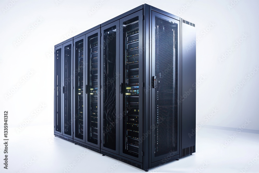 Poster Data center infrastructure with row of server racks showcasing connectivity and advanced technology