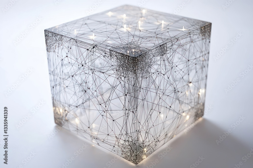 Aufkleber Abstract futuristic cube with complex interconnected lines and glowing dots on white backdrop clean