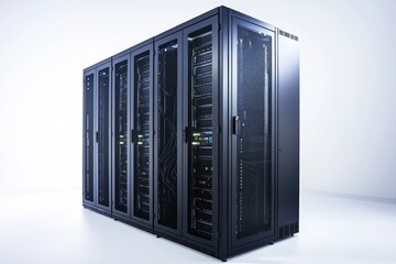 Data center infrastructure with row of server racks showcasing connectivity and advanced technology