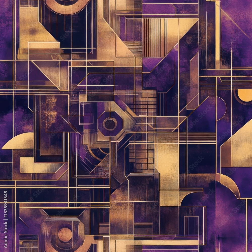 Poster abstract geometric composition with gold lines on deep purple backdrop evoking art deco style