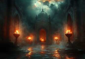 Dark Mystical Temple Scene with Glowing Candles