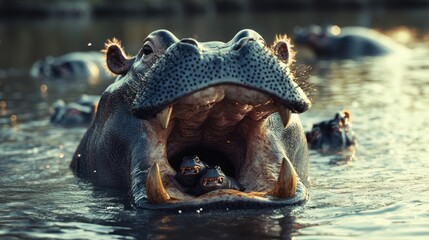 Fototapeta premium Hippopotamus with young in its mouth, river, wildlife, nature, conservation, stock photo, Africa