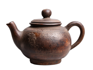 Antique brown teapot with a curved handle, a spout, a rounded body, and a lid with a knob. Isolated, transparent background, png.