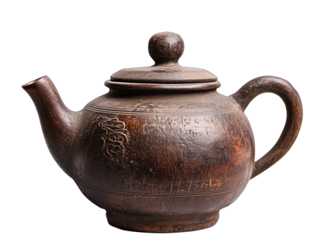 Antique brown teapot with a curved handle, a spout, a rounded body, and a lid with a knob. Isolated, transparent background, png.
