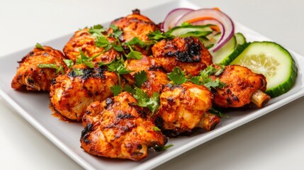 Fototapeta premium Delicious Chicken Tandoori on a White Plate with Fresh Cucumber and Onion Garnishes Close Up