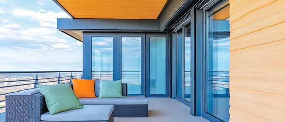 Stylish balcony with comfortable seating and panoramic view in modern apartment